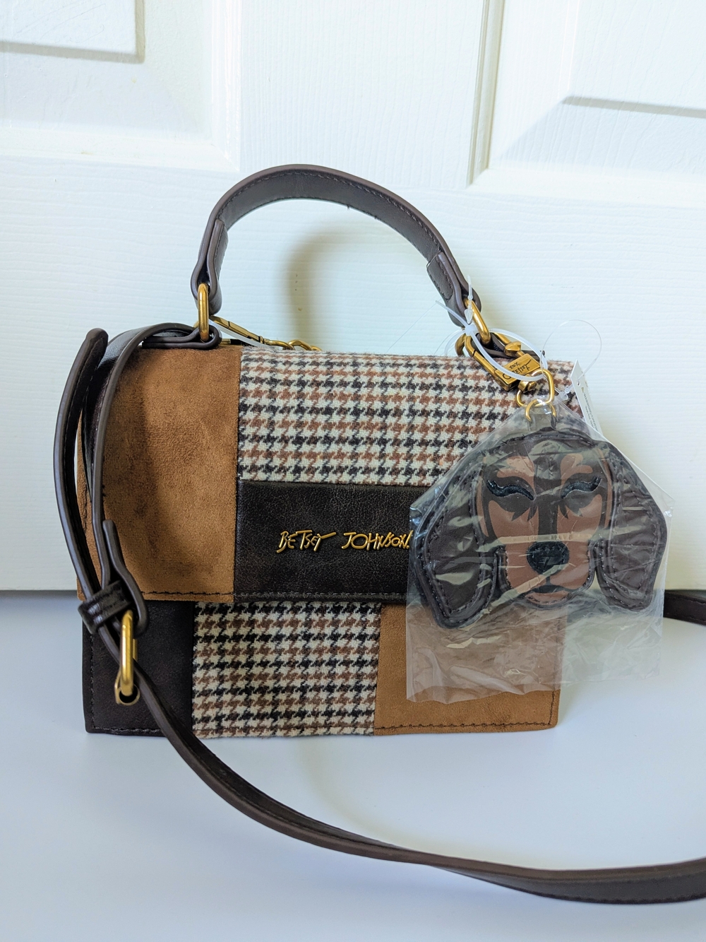 Betsey Johnson Brown Patchwork Houndstooth Top-Handle Crossbody Bag Dog Charm